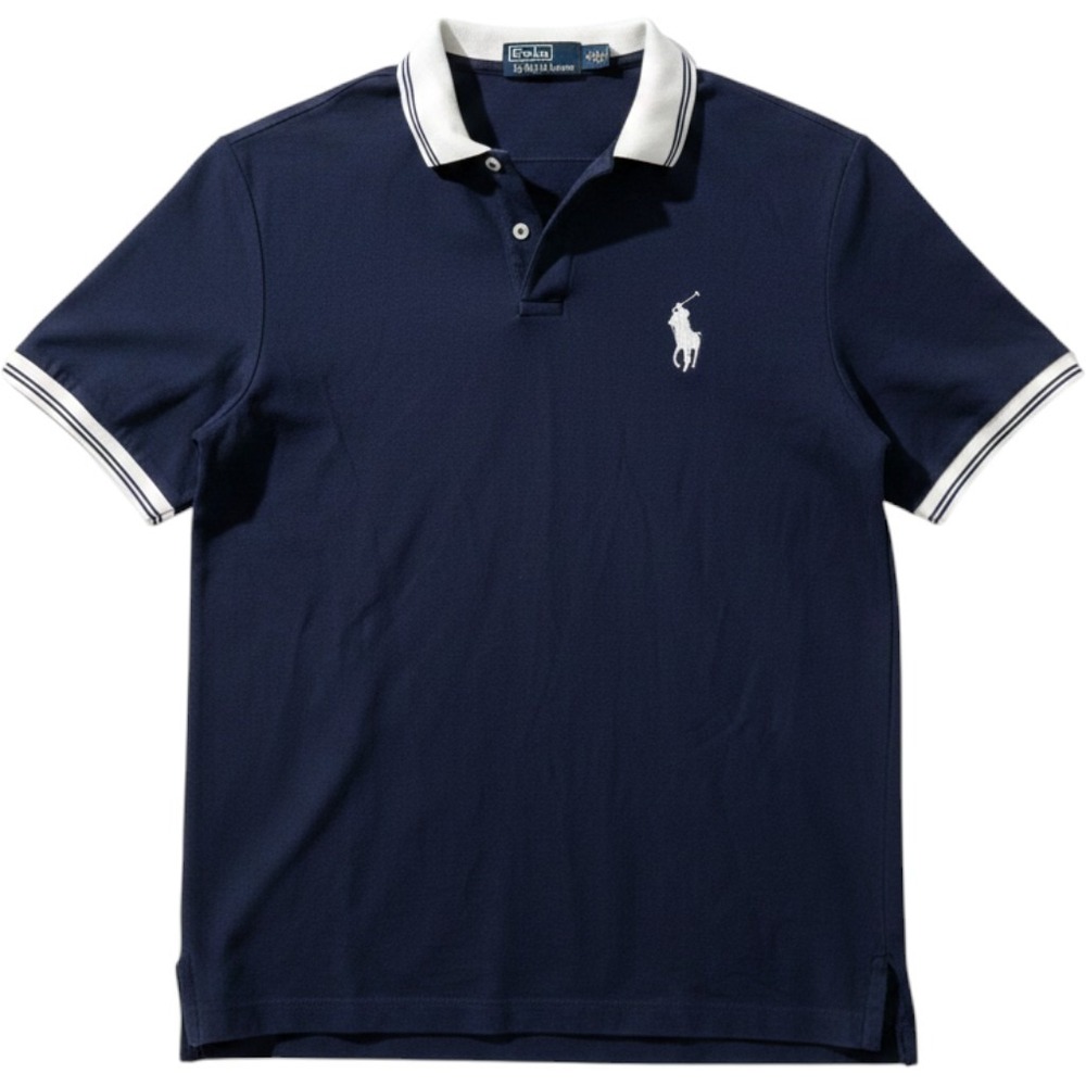 Polo Ralph Lauren Navy Blue Tipped Polo Shirt Mens Medium Moisture Management